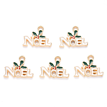 ARRICRAFT Alloy Enamel Pendants, for Christmas, Word Noel with Holly Leaves, Light Gold, White, 15x19x1.5mm, Hole: 2mm