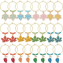 BENECREAT 24 Sets Alloy Enamel Leaf Wine Glass Charms, Thanksgiving Day Drink Markers Tags with 12 Styles Pendants, Beads and Hoop Earrings for Cocktail Champagne Party Favors Decoration