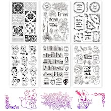 GLOBLELAND 6 Sheets TPR Clear Stamps with Acrylic Board Transparent Stamp for Card Making DIY Scrapbooking Paper Craft(Vintage Flower Greeting Zodiac Bookshelf Animal Oriental Style)