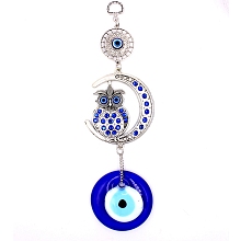 Honeyhandy Turkish Blue Evil Eye Hanging Pendant Decoration, Turkish Beads Charms, Rhinestone Moon Owl Charms, for Home Decoration, Antique Silver, 255mm