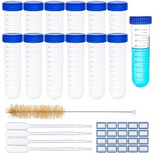 BENECREAT 30 Packs Round Bottom Plastic Centrigue Tubes Screw Cap Plastic Test Tubes with Cleaning Brushes, Pipettes, Label - for Lab Industrial Use