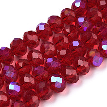 Honeyhandy Electroplate Glass Beads Strands, Half Rainbow Plated, Faceted, Rondelle, FireBrick, 10x8mm, Hole: 1mm, about 63~65pcs/strand, 19.2~20 inch(48~50cm)