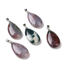 Natural Ocean Jasper Pendants, Teardrop Charm, with Platinum Tone Brass Findings, 35~36x20~21x7.5~10mm, Hole: 4x6mm