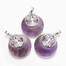 Honeyhandy Natural Amethyst Pendants, with Platinum Tone Brass Findings, Flat Round with Tree of Life, 32.5~33x27.5~28x5~6mm, Hole: 5x7mm