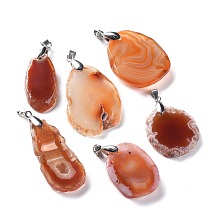 Honeyhandy Natural Agate Pendants, with Platinum Plated Brass Bails, Nuggets, 33~48x19.2~33x5.3~7mm, Hole: 6x4mm