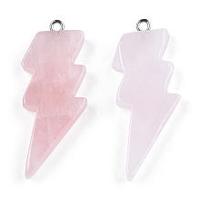 Honeyhandy Natural Rose Quartz Pendants, Lightning Bolt Charm, with Stainless Steel Color Tone 304 Stainless Steel Loops, 40~44.5x17~20x4.5~6mm, Hole: 2mm