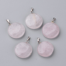 Honeyhandy Natural Rose Quartz Pendants, Flat Round, Platinum, 24x20~20.5x5~5.5mm, Hole: 2.5x5.5mm