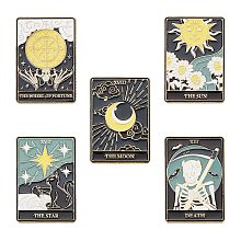 SUNNYCLUE 5Pcs 5 Style Fashion Tarot Card Enamel Pins, Golden Alloy Sun & Star & Moon & Skull Brooches for Backpack Clothes, Mixed Color, 30.5x21x10mm, Pin: 1mm, 1Pc/style