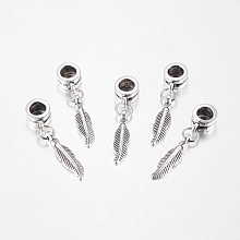 Honeyhandy Alloy European Dangle Charms, Feather, Antique Silver, 31mm, Hole: 5mm