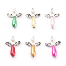 Honeyhandy Imitation Pearl Acrylic Pendants, Antique Silver Alloy Heart Beads, Angel & Wings, Mixed Color, 34x23.5x7.5mm, Hole: 2x3mm