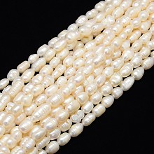 Honeyhandy Grade B Natural Cultured Freshwater Pearl Beads Strands, with Screw Thread, Rice, Creamy White, 7~8mm, Hole: 0.8mm, about 38pcs/strand, 13.77 inch~14.17 inch