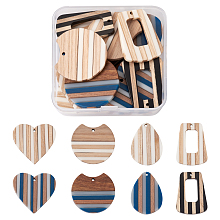 Beadthoven 16Pcs 8 Style Resin & Wood Pendants, Mixed Shapes, Mixed Color, 34~38x26~39x3~3.5mm, Hole: 1.8~2mm, 2pcs/style