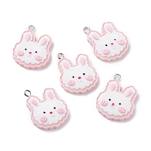 Honeyhandy Opaque Resin Pendants, with Platinum Tone Iron Loops, Rabbit Head, Pink, 27x22.5x6mm, Hole: 2mm