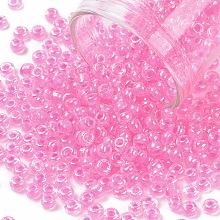 Honeyhandy 8/0 Glass Seed Beads, Transparent Inside Colours Luster, Round Hole, Round, Hot Pink, 8/0, 3~4x2~3mm, Hole: 0.8mm, about 15000pcs/bag