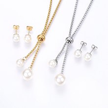 Honeyhandy 304 Stainless Steel Jewelry Sets, Slider Necklaces and Stud Earrings, with Acrylic Imitation Pearl, Round, Mixed Color, Necklace: 23.62 inch(60cm), 2mm, Earrings: 20x8mm, Pin: 0.8mm