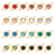 Unicraftale 24Pcs 12 Colors 304 Stainless Steel Rhinestone Connector Charms, Golden, Flat Round, Mixed Color, 12x6.5x4mm, Hole: 2mm, 2pcs/color