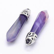 Honeyhandy Dyed Bullet Natural Agate Pendants, with Platinum Tone Alloy Findings, 33~40x8~10mm, Hole: 3x2mm