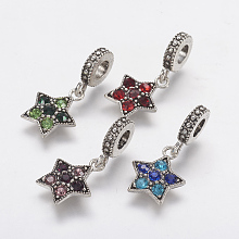 Honeyhandy Tibetan Style Alloy Rhinestone European Dangle Charms, Large Hole Pendants, Star, Antique Silver, Mixed Color, 26mm, Hole: 4.5mm, Pendant: 15x12.5x3mm