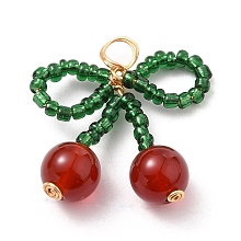 Honeyhandy Glass Seed Beads Pendants, with Natural Red Agate Carnelian Beads and Copper Wire, Bowknot, Green & Red, Real 18K Gold Plated, 26x25x8mm, Hole: 4.5mm, Beads: 8mm