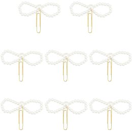 OLYCRAFT 8 Pcs Imitation Pearl Paper Clips Pearl Bowknot Clips Metal Planner Paperclip Golden Long Ornament Paper Clips for Paper Document Note Sorting and Organizing 1.92 Inch