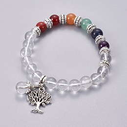 Honeyhandy Chakra Jewelry, Natural Quartz Crystal Bracelets, with Metal Tree Pendants, 50mm