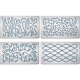 BENECREAT 4PCS 4x7 Inch Wave Pattern Metal Stencils 4 Style Steel Stencil Template for Wood Carving, Drawings and Woodburning, Engraving and Scrapbooking Project