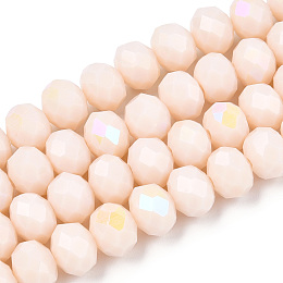 Electroplate Opaque Solid Color Glass Beads Strands, Half Rainbow Plated, Faceted, Rondelle, Antique White, 4x3mm, Hole: 0.4mm, about 123~127pcs/strand, 16.5~16.9 inch(42~43cm)