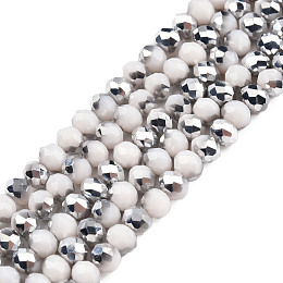 Honeyhandy Electroplate Opaque Glass Beads Strands, Half Silver Plated, Faceted, Rondelle, WhiteSmoke, 4x3mm, Hole: 0.4mm, about 123~127pcs/strand, 16.5~16.9 inch(42~43cm)