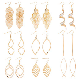 ANATTASOUL 9 Pairs 9 Style Alloy Long Dangle Earrings, Cluster Earrings, Leaf & Jesus Fish & Oval & Infinity, Golden, 60~88x15.5~26mm, 1 Pair/style