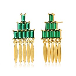 Honeyhandy Brass Micro Pave Cubic Zirconia Stud Earrings, Tassel Earrings, Green, Golden, 26x12mm