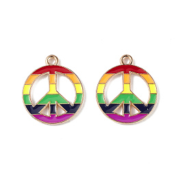 Honeyhandy Rainbow Color Pride Alloy Enamel Pendants, Peace Sign Charms, Light Gold, Colorful, 20.5x17.7x1.5mm, Hole: 2mm