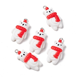 Honeyhandy Christmas Theme Opaque Resin Pendants, with Platinum Tone Iron Findings, Bear with Red Scarf, White, 31.5x16.5x8mm, Hole: 2mm