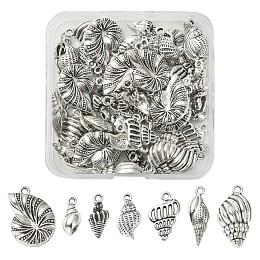 Honeyhandy 70Pcs 7 Style Tibetan Style Alloy Pendants, Conch/Spiral Shell, Antique Silver, 15.8~25.5x6.6~16x2.5~6mm, Hole: 1.5~2mm, 10pcs/style