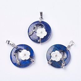 Honeyhandy Natural Lapis Lazuli Pendants, with Shell, Rhinestone and Platinum Tone Brass Findings, Flat Round with Flower, 35.5~36x28x8mm, Hole: 5x8mm