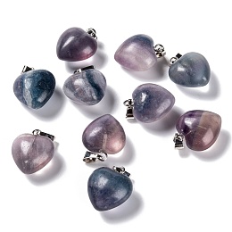 Honeyhandy Natural Fluorite Pendants, with Platinum Brass Loops, Heart, 18~19x15~15.5x7.5~10mm, Hole: 6x2.5~3mm