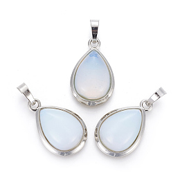 Honeyhandy Opalite Pendants, with Brass Findings, teardrop, Platinum, 26x16~17x8~10mm, Hole: 8x5mm