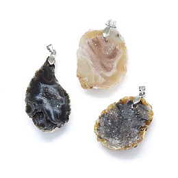 Honeyhandy Natural Druzy Geode Agate Pendants, with Brass Findings, Nuggets, Platinum, 37.5~49x22.5~27.5x8.5~9.5mm, Hole: 3.5x4.5mm