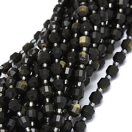 Honeyhandy Natural Golden Sheen Obsidian, Beads Strands, with Seed Beads, Faceted, Bicone, Double Terminated Point Prism Beads, 5~7x6mm, Hole: 0.8mm, about 48pcs/strand, 15.55 inch(39.5cm)