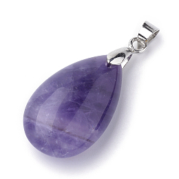 Honeyhandy Natural Amethyst Pendants, with Alloy Findings, teardrop, Platinum, 23~24x14x8mm, Hole: 4x5mm