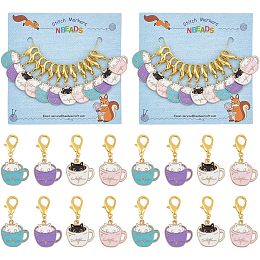 NBEADS 24 Pcs Cup with Cat Stitch Markers, Enamel Alloy Crochet Stitch Marker Charms Removable Lobster Claw Clasps Locking Stitch Marker for Knitting Weaving Sewing Jewelry Making