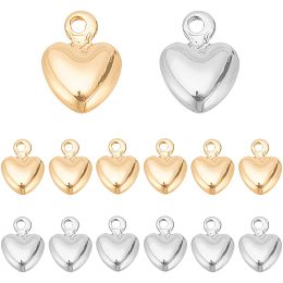 Arricraft 80 Pcs Heart Brass Charms, 2 Colors Platinum & Golden 3D Heart Beads with Loop Metal Sweet Love Heart Pendant Spacer Loose Beads for Jewelry DIY Crafts