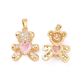 Honeyhandy Real 18K Gold Plated Brass Micro Pave Clear Cubic Zirconia Pendants, Bear Charms, Pink, 21x16x5mm, Hole: 4.5x2.5mm