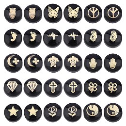 Arricraft 30Pcs 15 Style Handmade Lampwork Beads, with Golden Plated Brass Etched Metal Embellishments, Flat Round with Mixed Pattern, Black, 8x5~6mm, Hole: 0.8mm, 2pcs/style