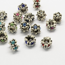 Honeyhandy Alloy Rhinestone European Beads, Flower Large Hole Beads, Antique Silver, Mixed Color, 11x9mm, Hole: 5mm