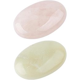 NBEADS 2 Pcs Natural Rose Quartz and Serpentine, Thumb Worry Stone Oval Shape Polished Palm Thumb Pocket Gemstone for Scraping Massage Body Balancing