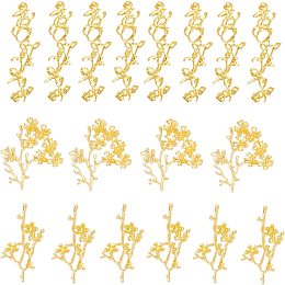 BENECREAT 24Pcs 3 Style 18K Gold Plated Tree Branch Multi Holes Charms with Rhinestone, Branch with Flower Pendant for Handmade Jewelry Making Accessory Crafts