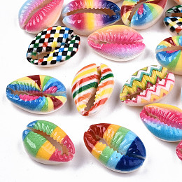 Honeyhandy Printed Natural Cowrie Shell Beads, No Hole/Undrilled, with Rainbow Pattern, Mixed Color, 18~22x13~14x6~8mm