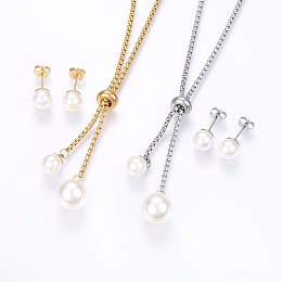 Honeyhandy 304 Stainless Steel Jewelry Sets, Slider Necklaces and Stud Earrings, with Acrylic Imitation Pearl, Round, Mixed Color, Necklace: 23.62 inch(60cm), 2mm, Earrings: 20x8mm, Pin: 0.8mm