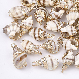 Honeyhandy Electroplate Spiral Shell Pendants, with Iron Findings, Light Gold, Seashell Color, 18~25x10~15x8~12mm, Hole: 2mm