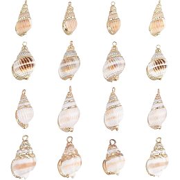 SUNNYCLUE 1 Box 16Pcs 4 Style Ocean Beach Spiral Seashells Craft Charms Connectors Pendant Conch Shells Charms with Plated Golden Loop Bail for Bracelet Necklace Making Craft Supplies